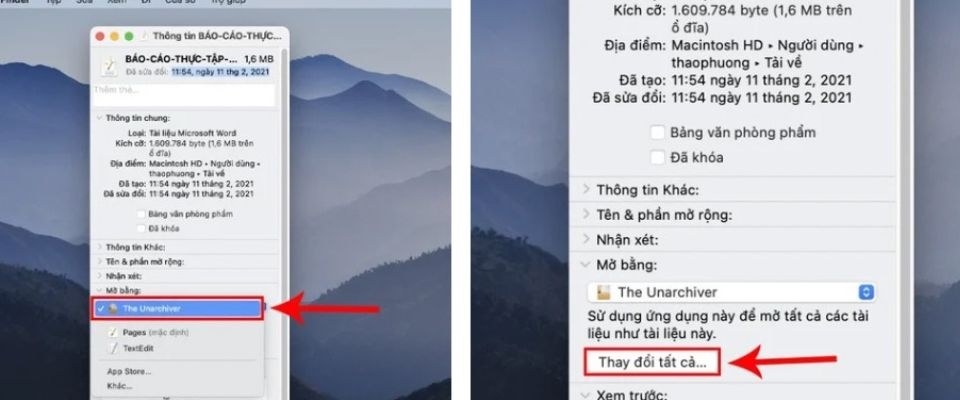 Tại mục “Mở bằng” bạn chọn ứng dụng “The Unarchiver” đã tải về, sau đó vào “Thay đổi tất cả”