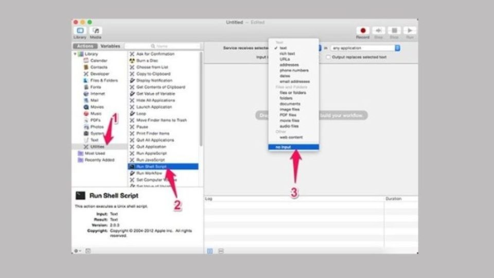 Tại đây bạn nhấn vào “Utilities”, rồi nhấn đúp chuột để vào “Run Shell Script”