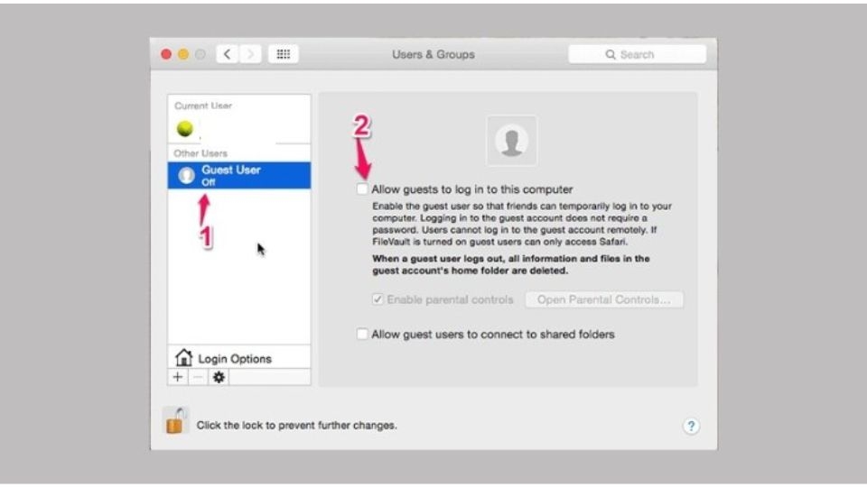 Sau khi xong việc tạo tài khoản bạn nhấn chọn “Guest Users” và tích vào “Allow guests to log into this computer”