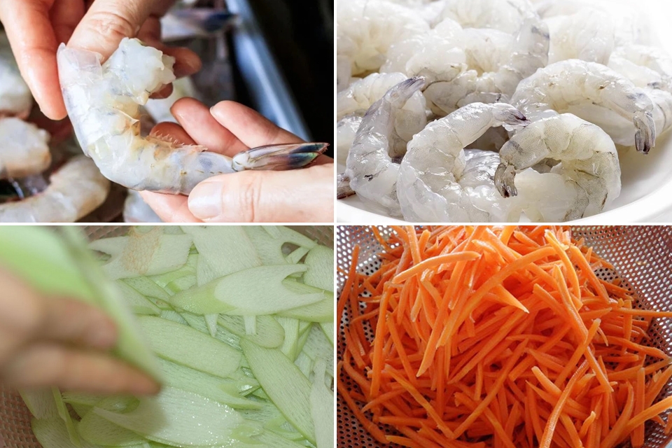Sơ chế tôm, dọc mùng, cà rốt