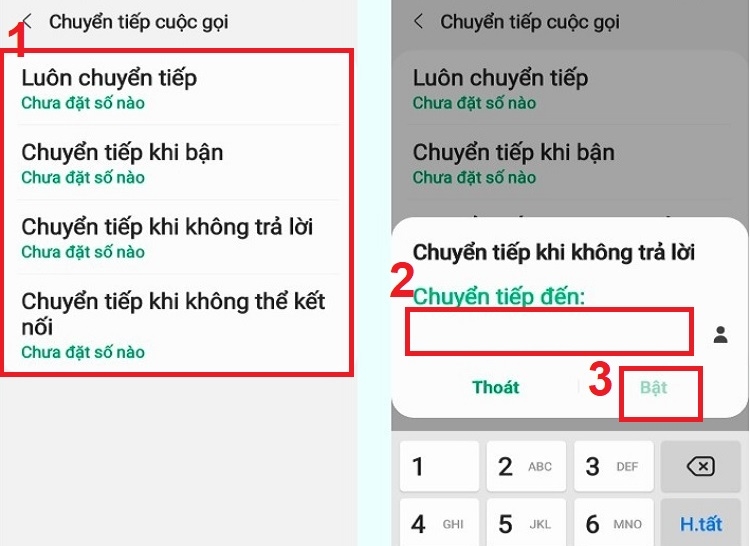 Chọn hình thức chuyển tiếp cuộc gọi và nhập số điện thoại