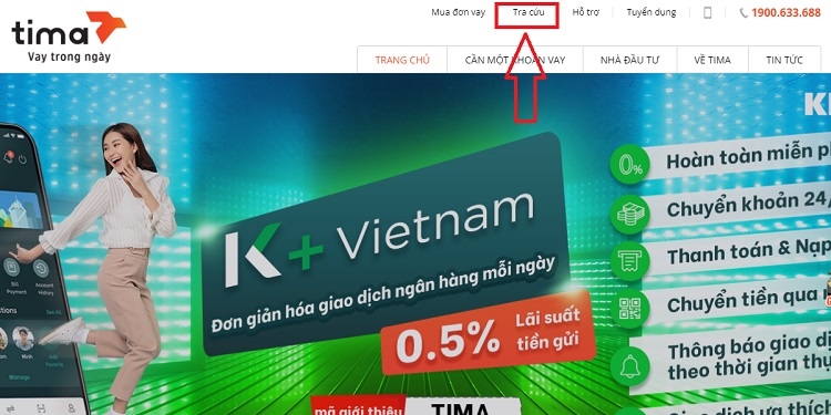 Chọn tính năng Tra cứu trên website của Tima