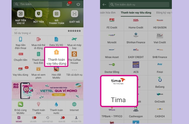 Nhấn Thanh toán vay tiêu dùng và chọn Tima