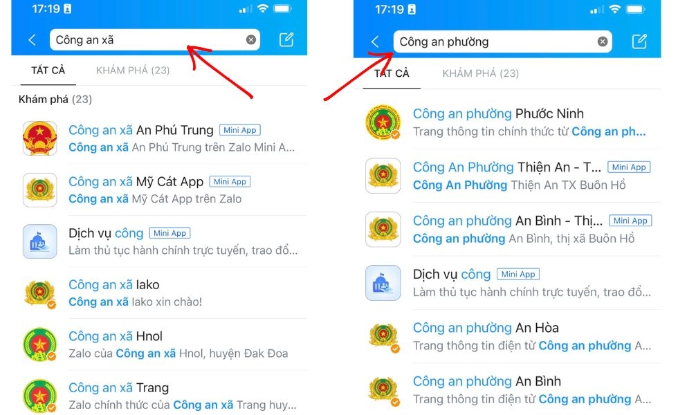 tìm kiếm công an xã/phường trên zalo