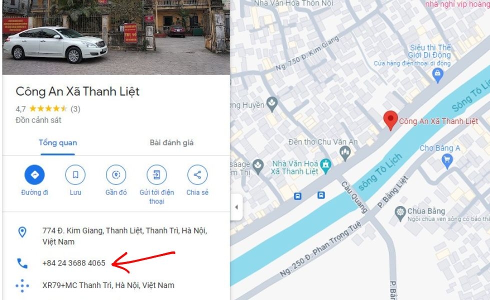 Tra cứu điện thoại công an xã bằng Google Maps
