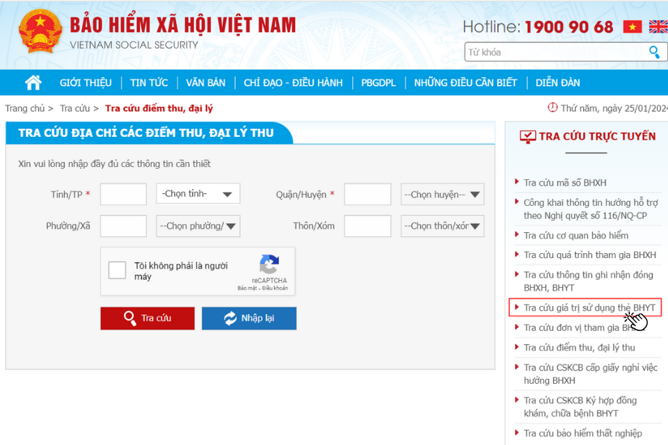 Chọn mục Tra cứu giá trị sử dụng thẻ BHYT đểtra cứu