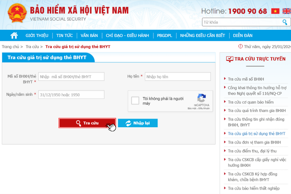 Điền thông tin và nhấn Tra cứu để tiến hành tra cứu