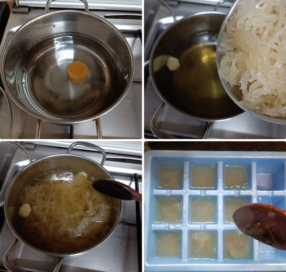 Cho các hỗn hợp đã nấu vào khay