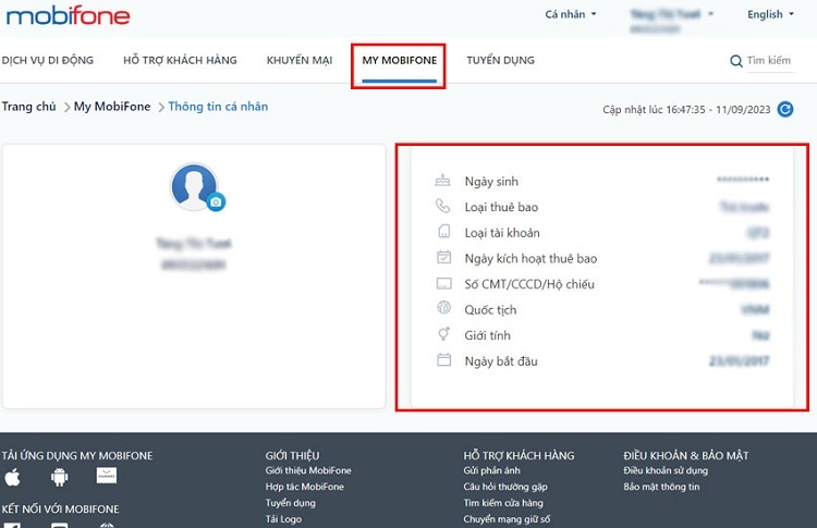 Chọn mục My MobiFone và nhấn Thông tin cá nhân