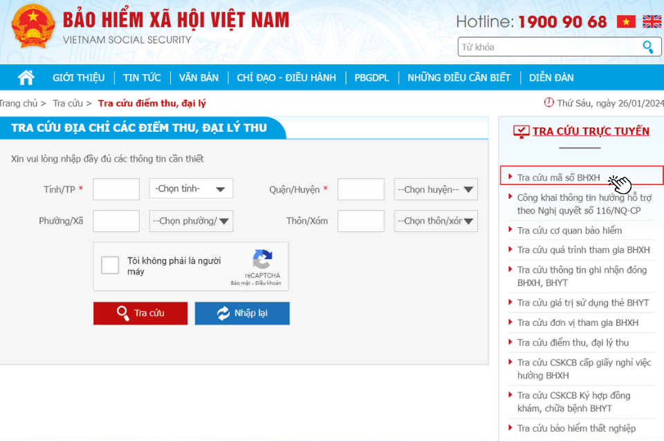 Nhấn vào Tra cứu mã số BHXH bên góc phải màn hình