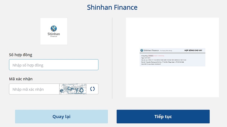 GIAO DIỆN TRA CỨU SỐ HỢP ĐỒNG SHINHAN FINANCE TRỰC TUYẾN