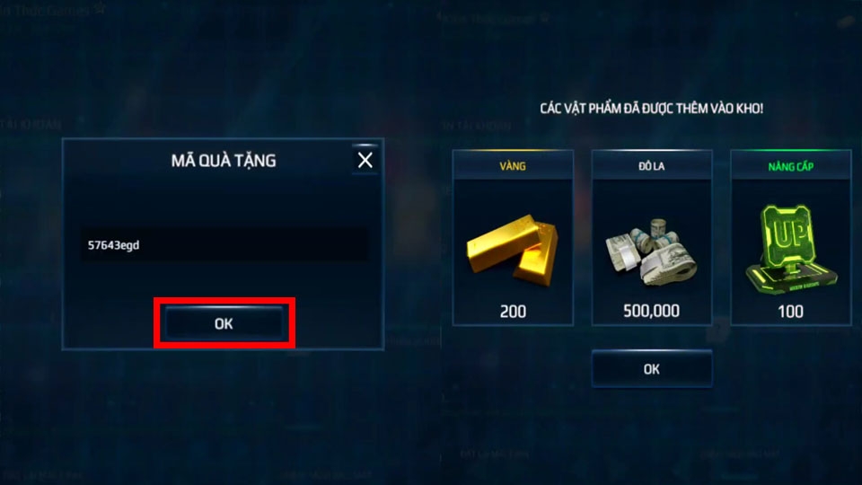 Sau khi nhập chính xác mã code có thể nhận được vật phẩm