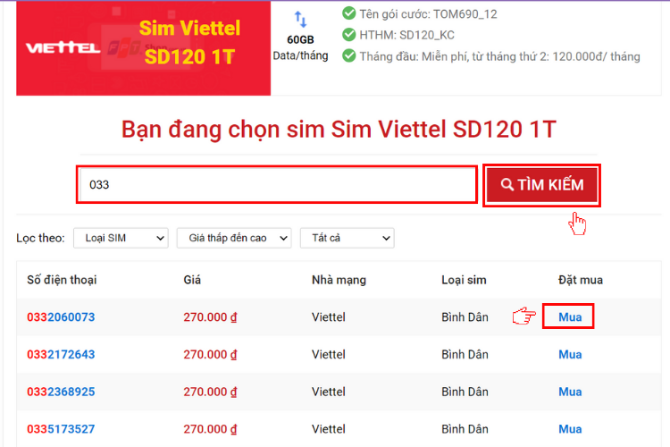 Nhập đầu số muốn mua rồi ấn Tìm kiếm