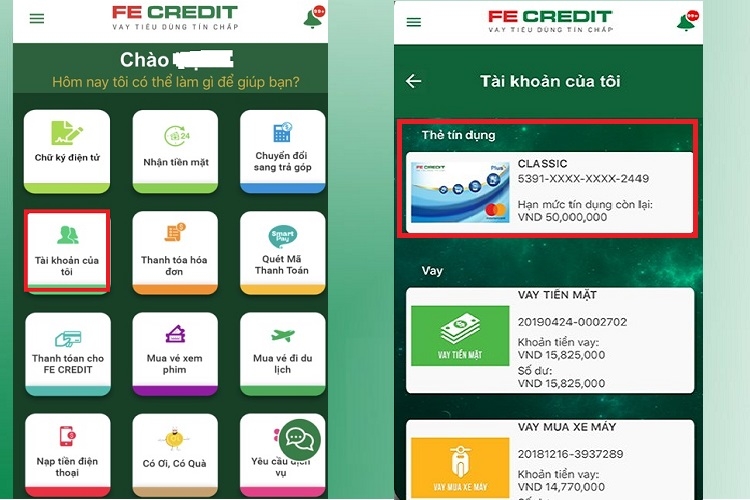 Chọn Tài khoản của tôi và nhấn Thẻ tín dụng muốn kiểm tra
