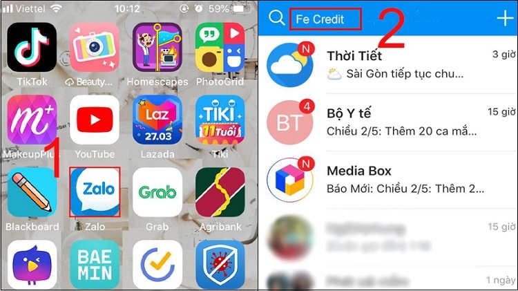 Tìm kiếm Fe Credit trong ứng dụng Zalo