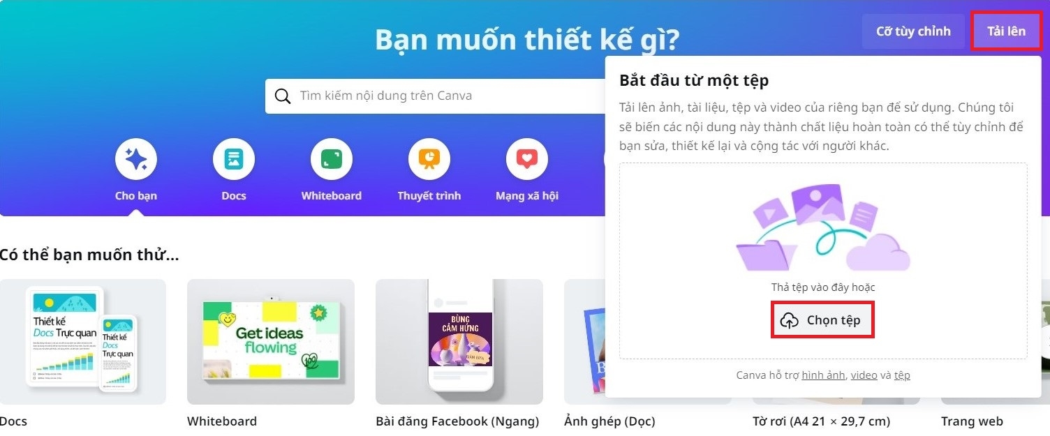 Tải tệp lên ứng dụng Canva để xóa phông nền