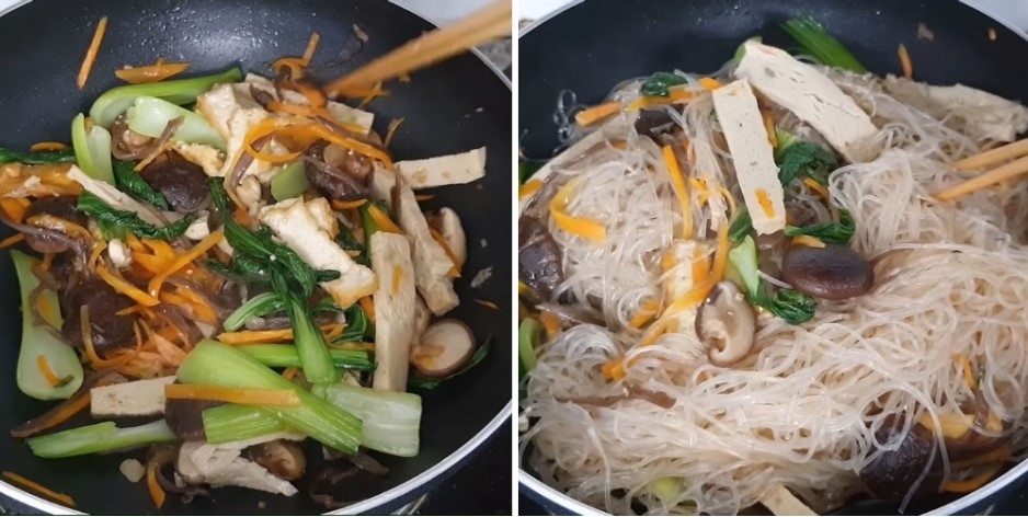 Xào miến với nấm và chả chay