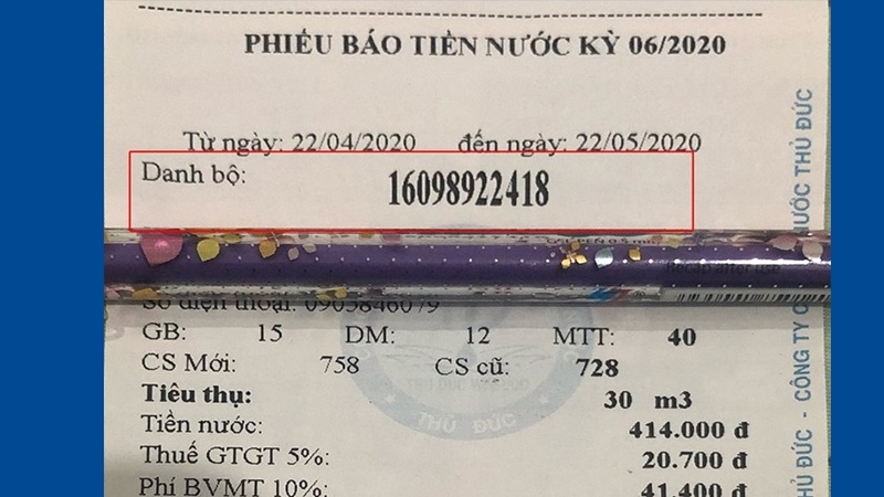 Mã danh bộ để tra cứu hóa đơn tiền nước