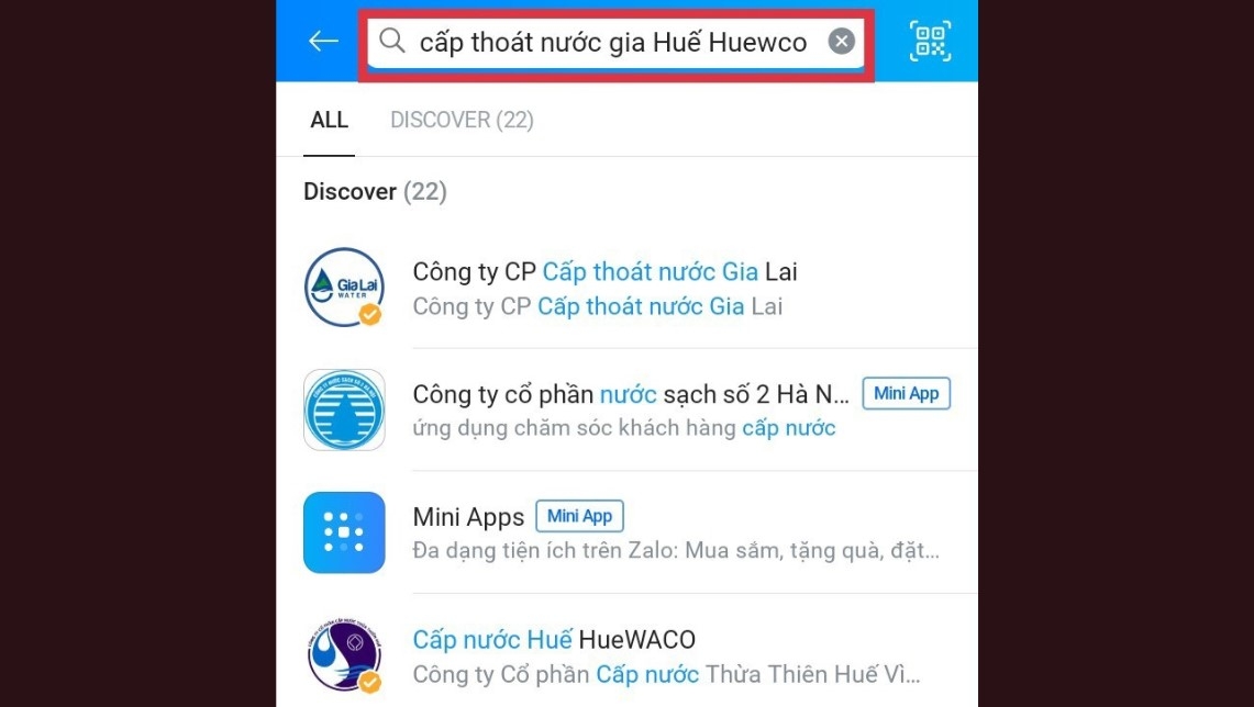 Nhập tên công ty cung cấp nước vào ô tìm kiếm
