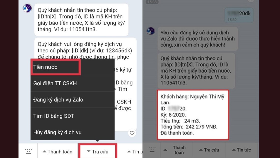 Tra cứu tiền nước đơn giản bằng Zalo