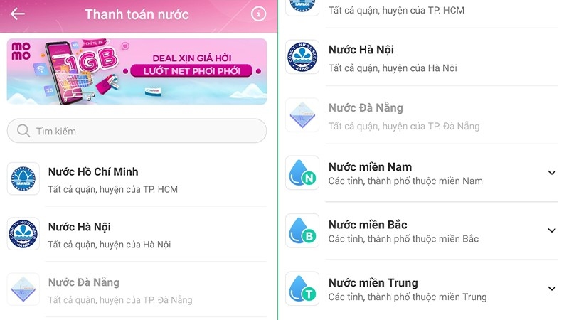 Chọn khu vực cung cấp nước trên MoMo