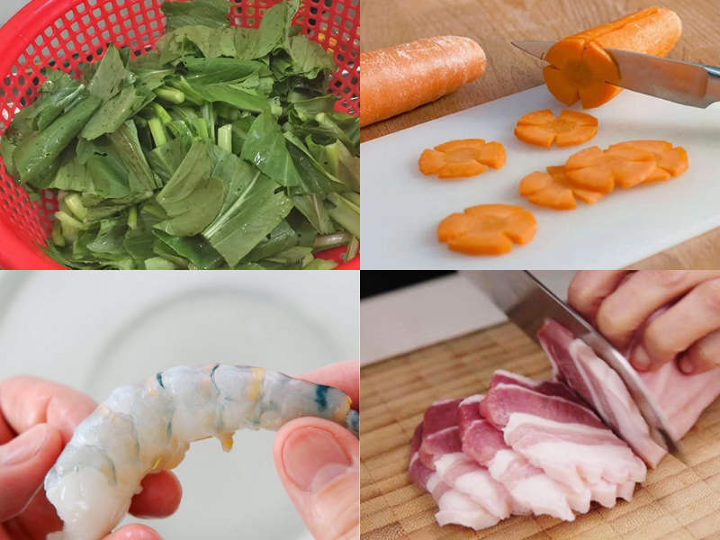 Sơ chế nguyên liệu tôm thịt và rau củ