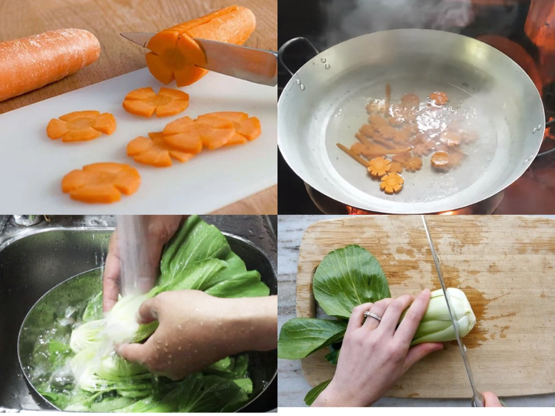 sơ chế rau cải ngọt và cà rốt