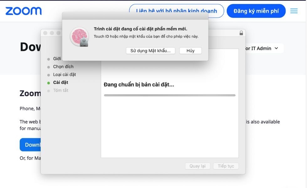 nhập mật khẩu hoặc Touch ID