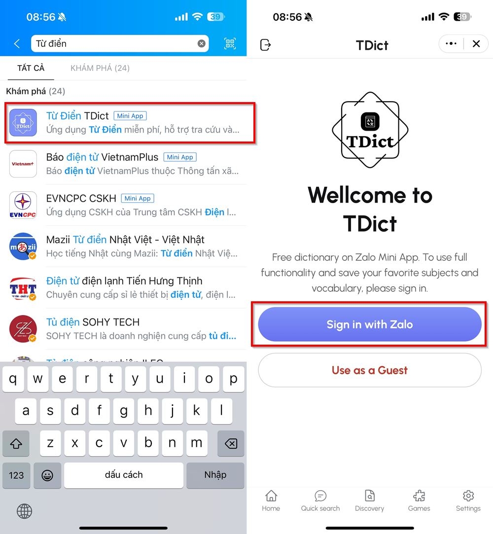 Cách sử dụng từ điển miễn phí trên Zalo 1