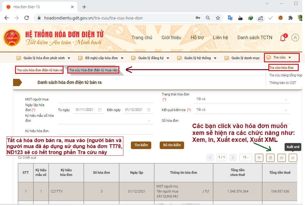 Lựa chọn tra cứu hóa đơn mua vào hoặc bán ra