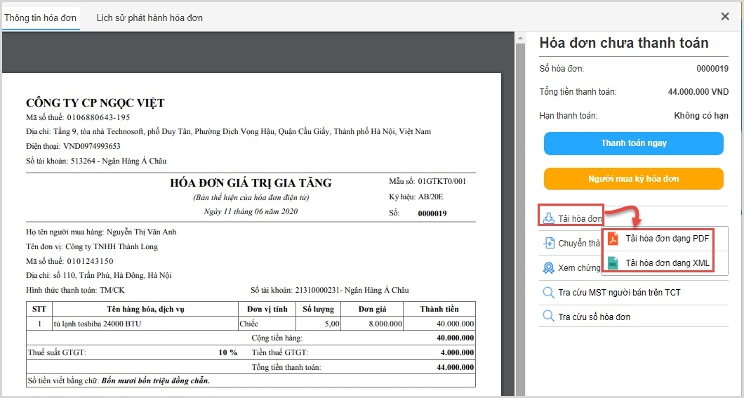 Tải file XML để xem thông tin hóa đơn