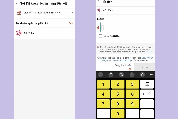 Điền số tiền và nhấn Tiếp tục