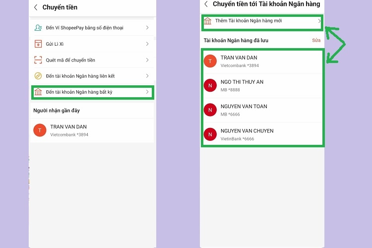 Chọn Đến tài khoản ngân hàng bất kỳ và chọn tài khoản muốn chuyển đến