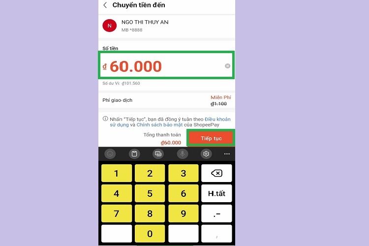 Nhập số tiền muốn chuyển và nhấn Tiếp tục