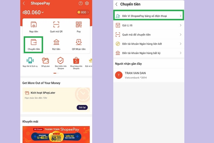 chọn Chuyển tiền và nhấn Đến Ví ShopeePay bằng số điện thoại