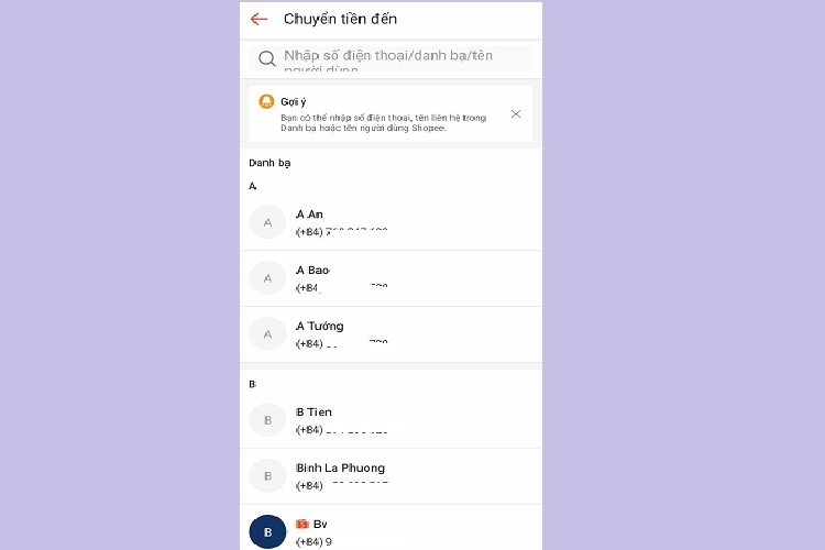 Chọn người muốn chuyển tiền đến