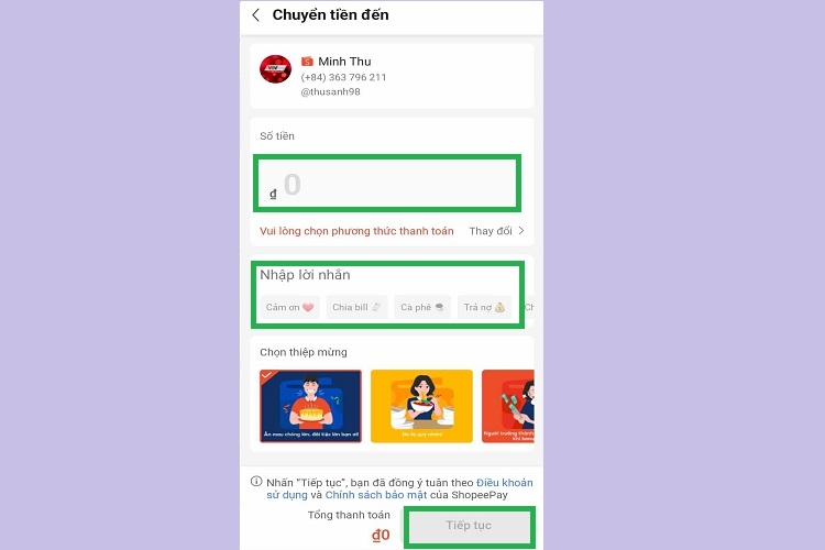 Điền số tiền, nhập lời nhắn và nhấn Tiếp tục