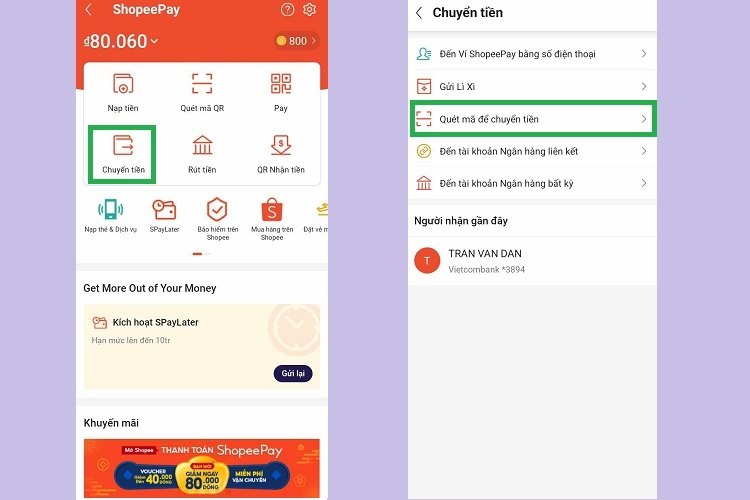 Chọn tính năng Chuyển tiền và nhấn Quét mã để chuyển tiền