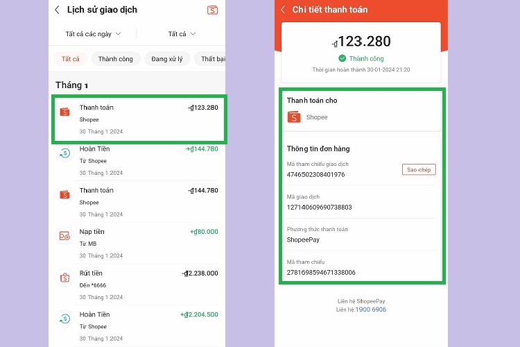 Nhấn vào giao dịch để xem thông tin chi tiết