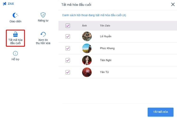 Tắt mã hóa đầu cuối Zalo