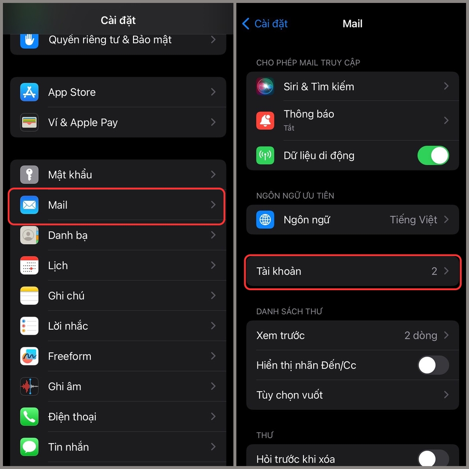 Nhấn chọn mục “Mail” và “Tài khoản”