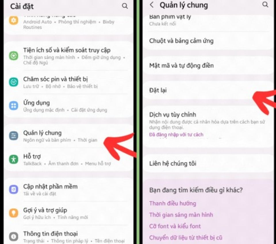 Nhấn chọn “Quản lý chung” sau đó chọn mục “Đặt lại”