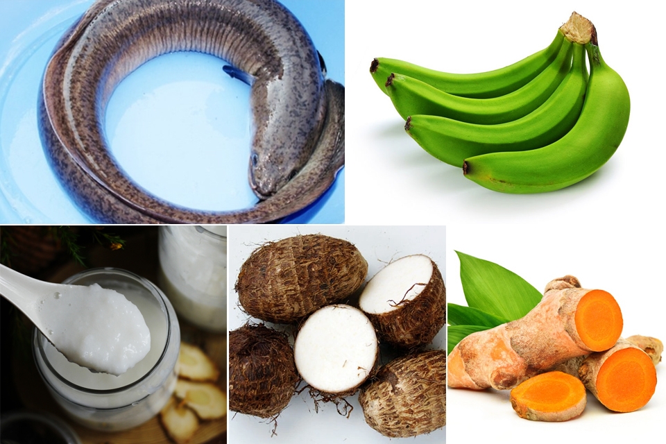 Nguyên liệu làm cá chình om chuối đậu.