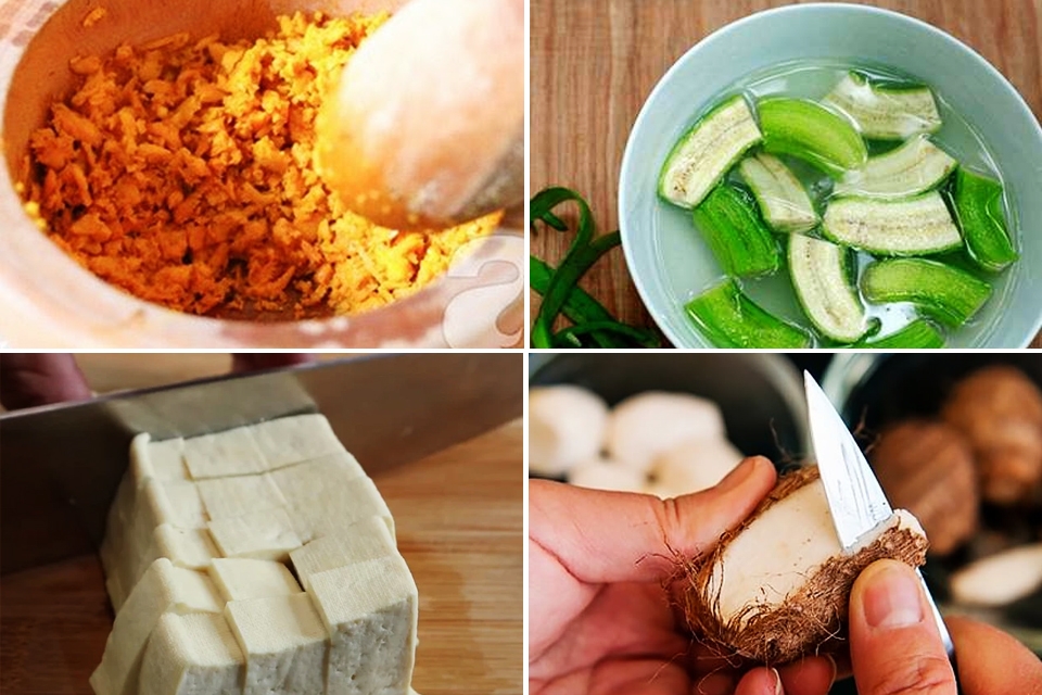 Sơ chế các nguyên liệu làm cá chình om chuối đậu.