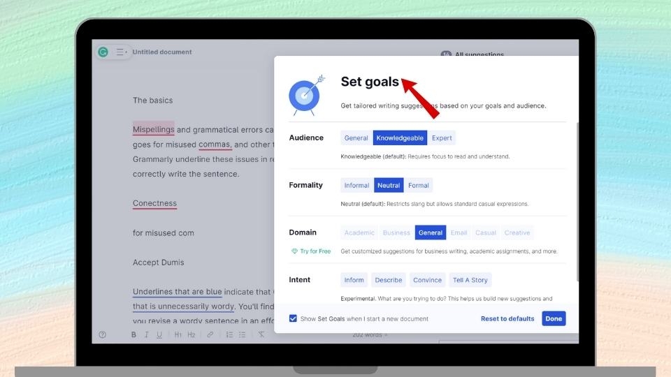Bạn cũng có thể cài đặt Goals theo ngữ cảnh mà bạn đang soạn