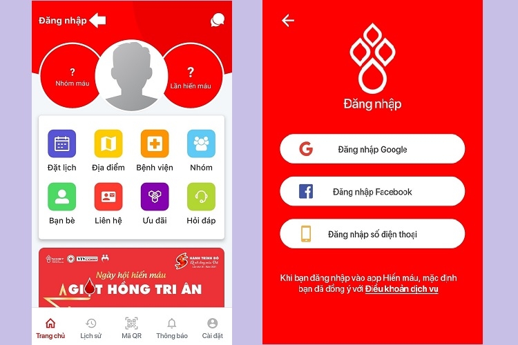 Chọn tính năng Đăng nhập