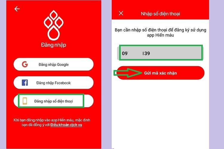 Nhập số điện thoại và nhấn nút Gửi mã xác nhận
