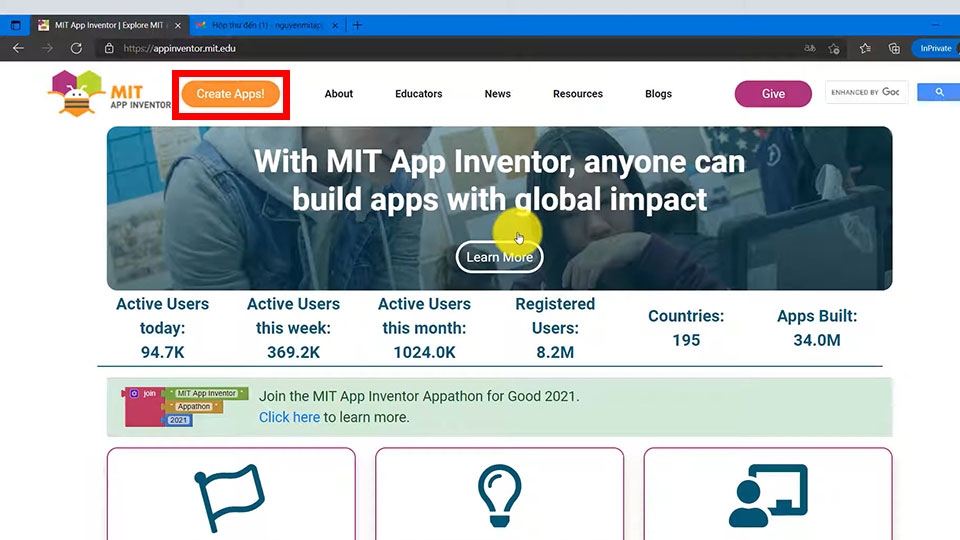Nhấn vào mục Create apps
