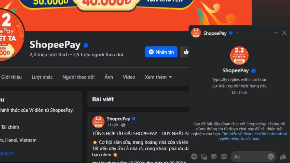 Gửi tin nhắn cho trang chính thức của Shopee
