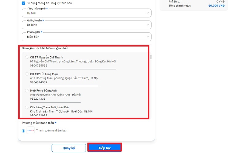 Chọn cửa hàng, chi nhánh MobiFone gần nhất